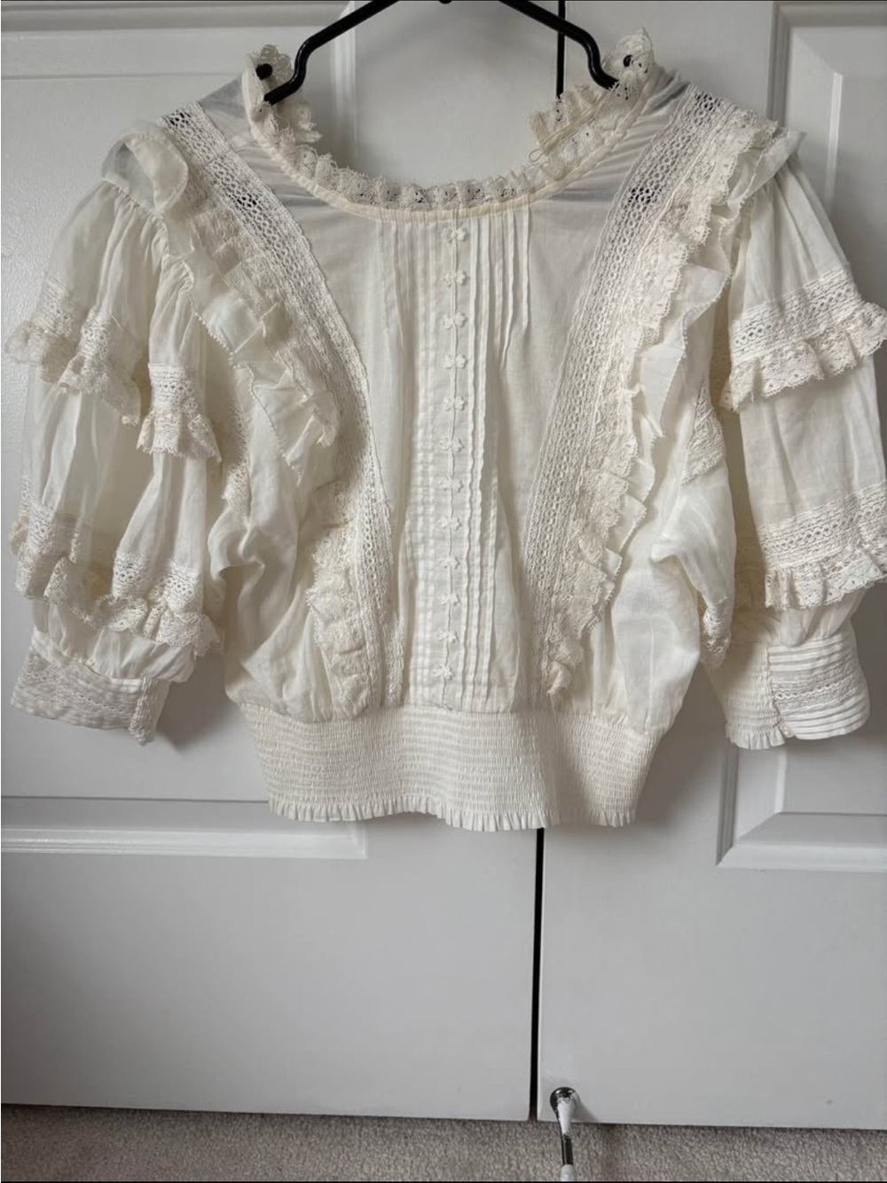 Sunday Best White Lace Pintuck Smocked Crop Blouse - Picture 2 of 4